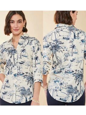 Spartina 449 Aida Relaxed Seascape Linen Cotton Blend Buttondown Sz S 💛🍄